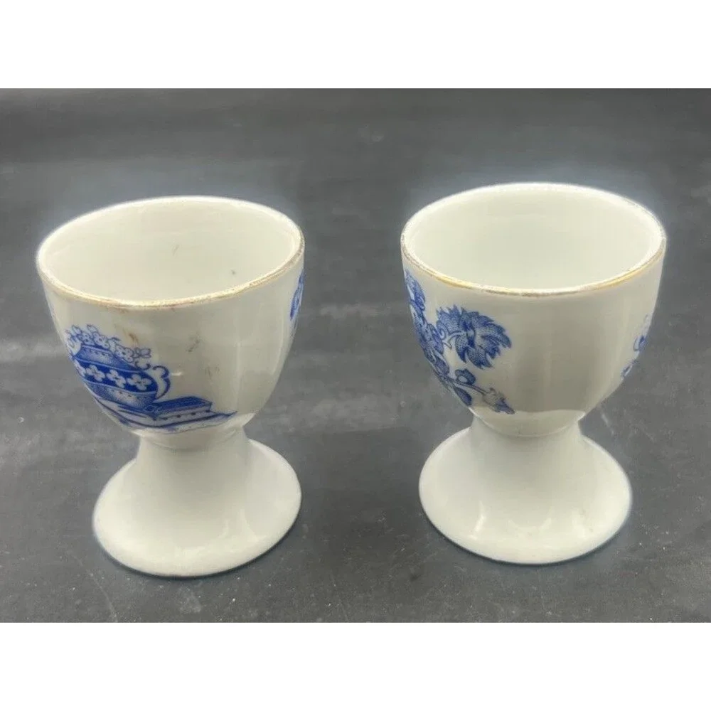 Vintage Blue White Porcelain Egg Cups Set of 2 Floral Transferware Gold Trim